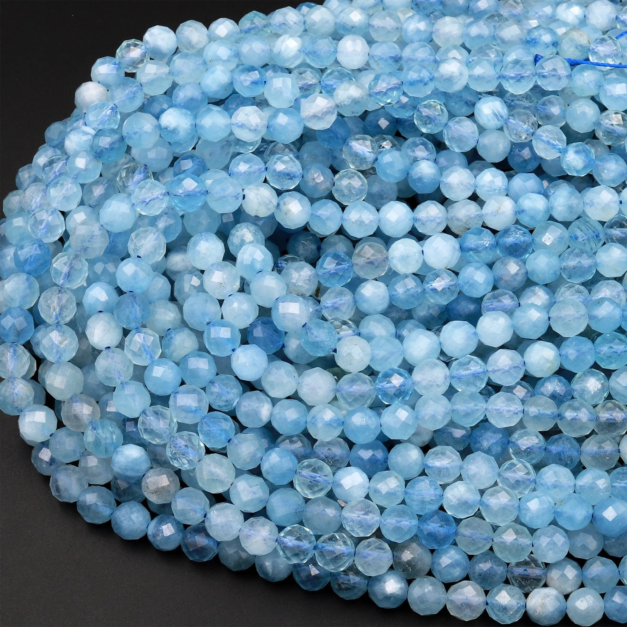AA Faceted Natural Blue Aquamarine 4mm 5mm 6mm Round Beads Micro Laser Diamond Cut Gemstone 15.5" Strand