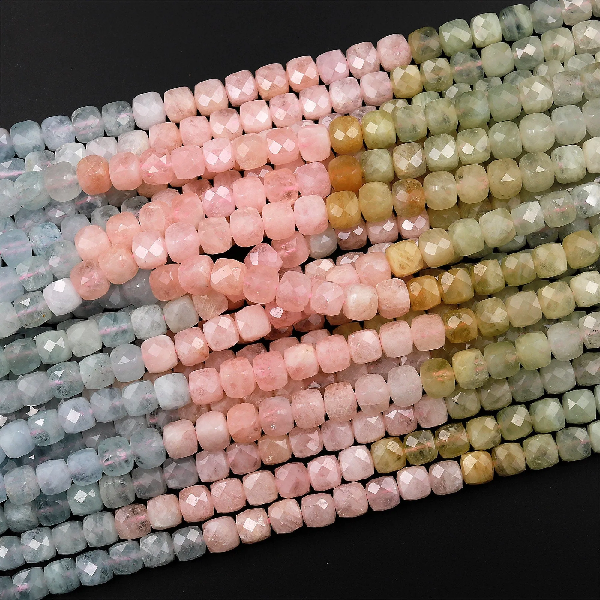 AA Natural Multicolor Blue Aquamarine Pink Morganite Faceted 4mm 5mm 6mm Cube Dice Square Beads Micro Faceted Laser Diamond Cut 15.5" Strand