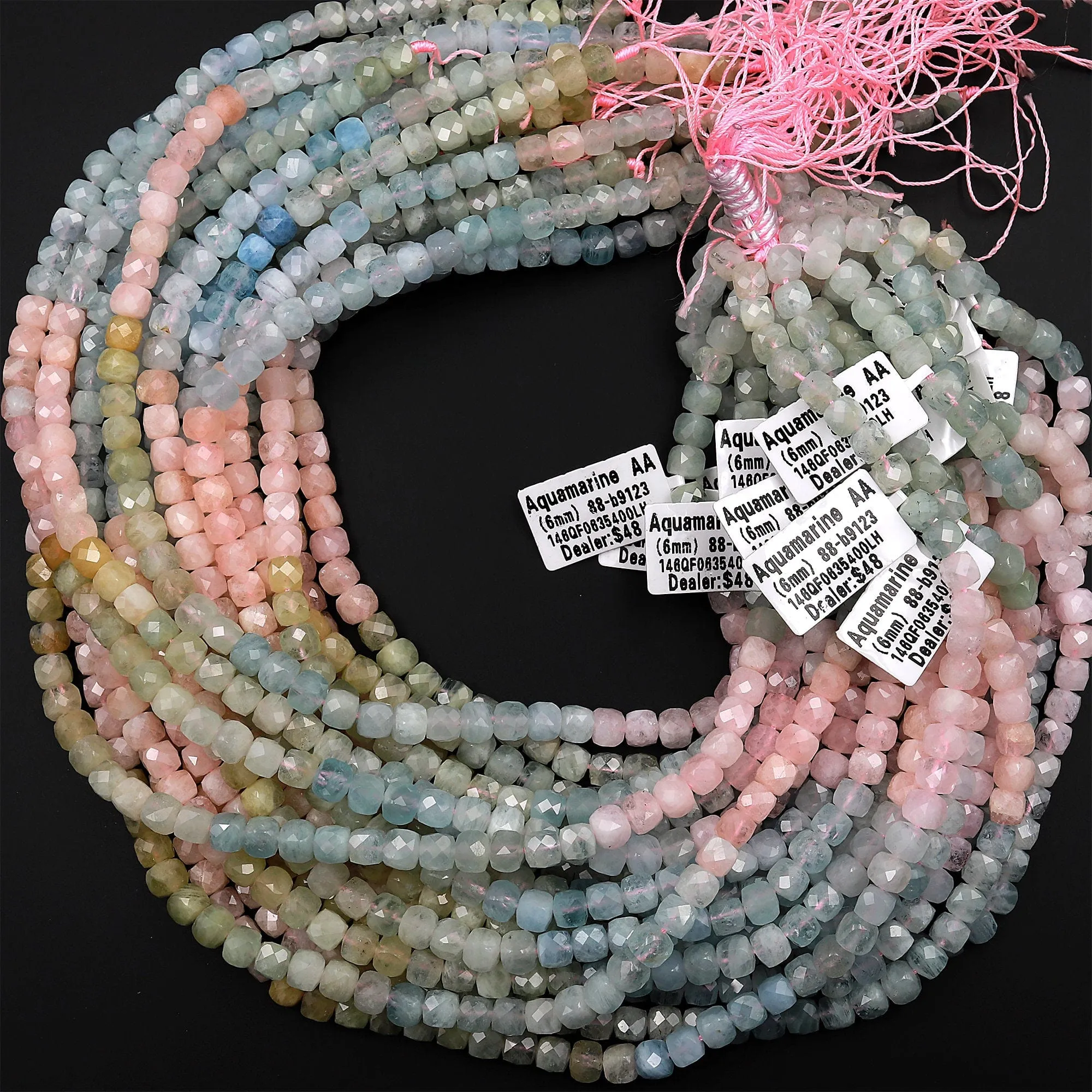 AA Natural Multicolor Blue Aquamarine Pink Morganite Faceted 4mm 5mm 6mm Cube Dice Square Beads Micro Faceted Laser Diamond Cut 15.5" Strand