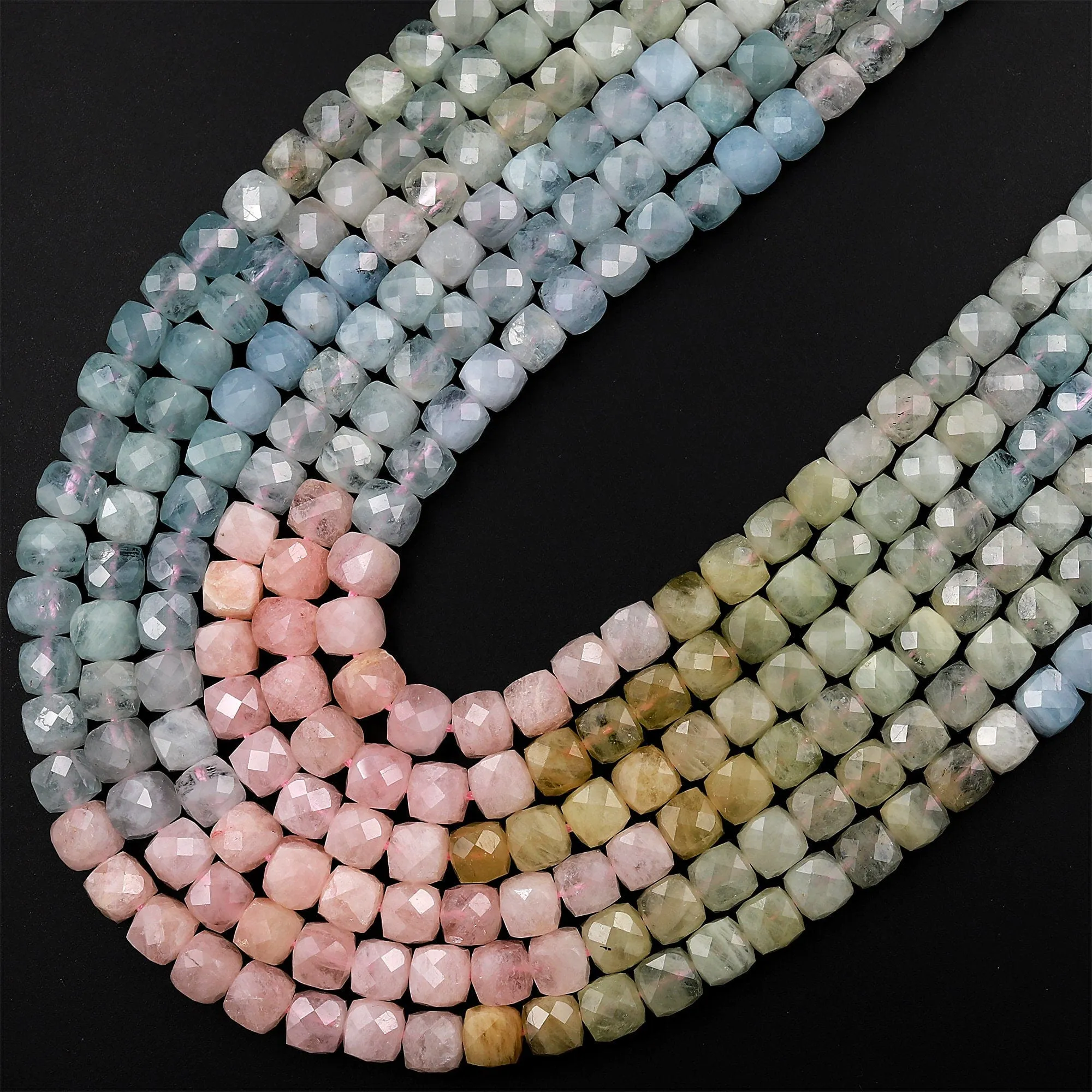 AA Natural Multicolor Blue Aquamarine Pink Morganite Faceted 4mm 5mm 6mm Cube Dice Square Beads Micro Faceted Laser Diamond Cut 15.5" Strand