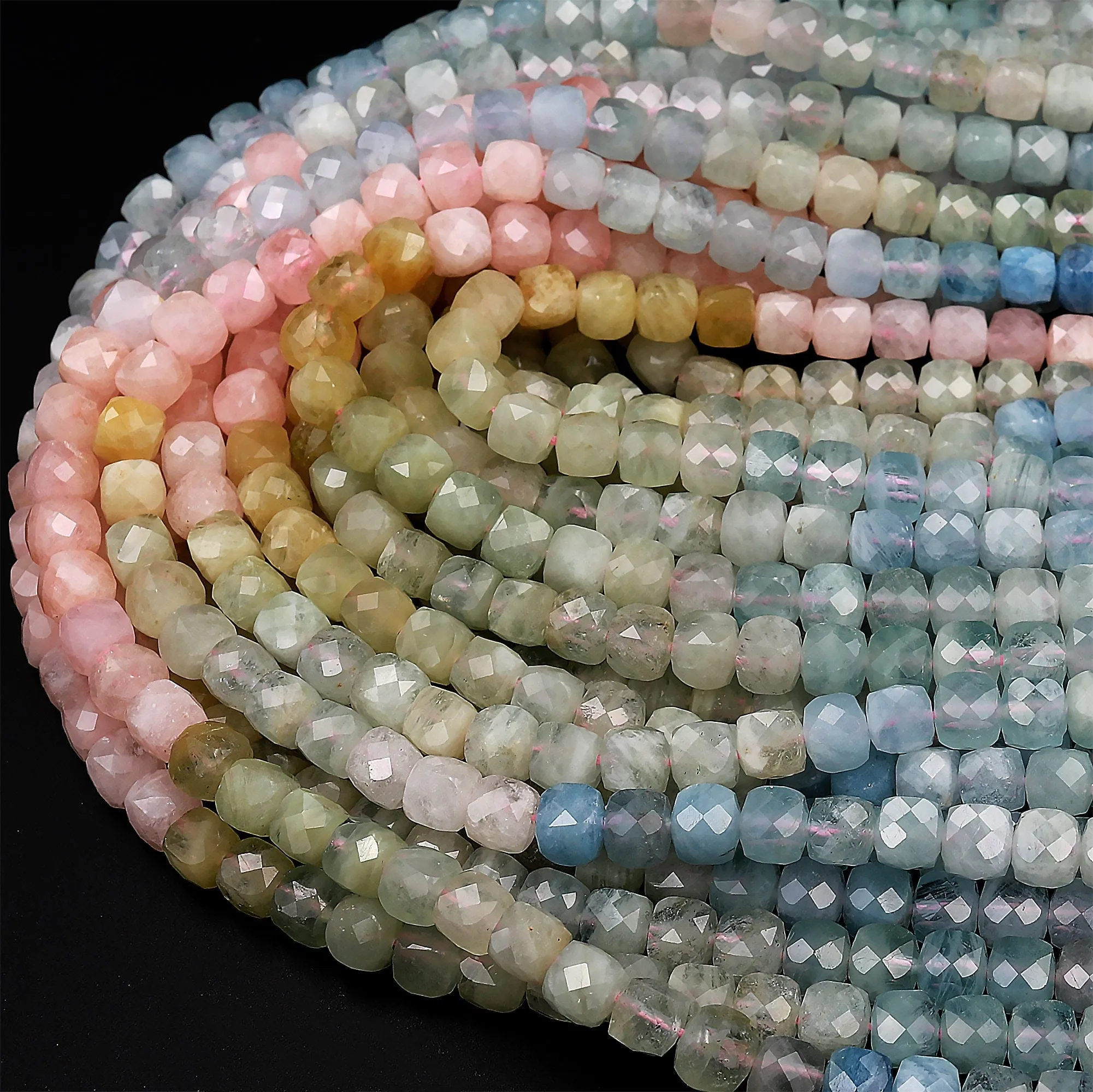 AA Natural Multicolor Blue Aquamarine Pink Morganite Faceted 4mm 5mm 6mm Cube Dice Square Beads Micro Faceted Laser Diamond Cut 15.5" Strand