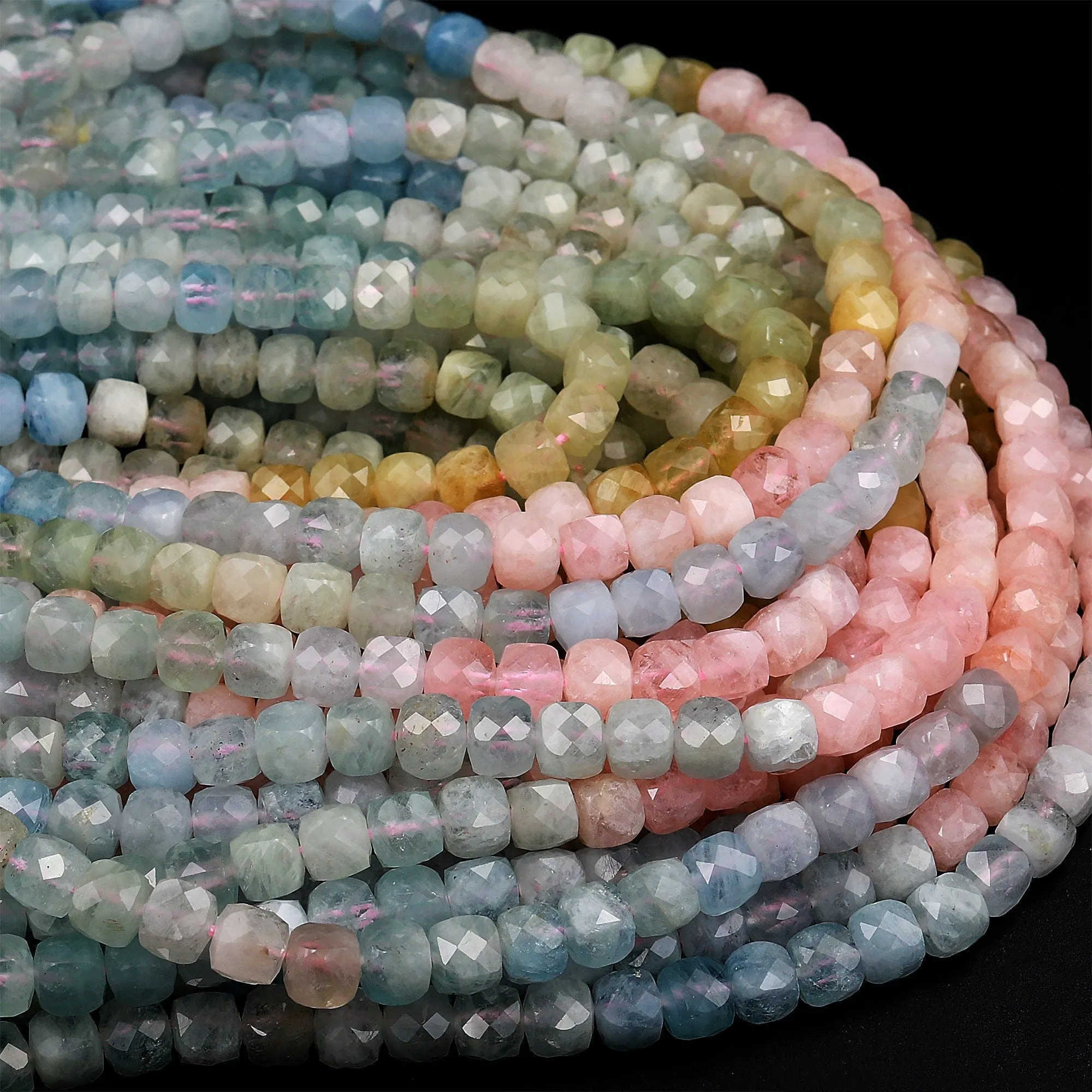 AA Natural Multicolor Blue Aquamarine Pink Morganite Faceted 4mm 5mm 6mm Cube Dice Square Beads Micro Faceted Laser Diamond Cut 15.5" Strand