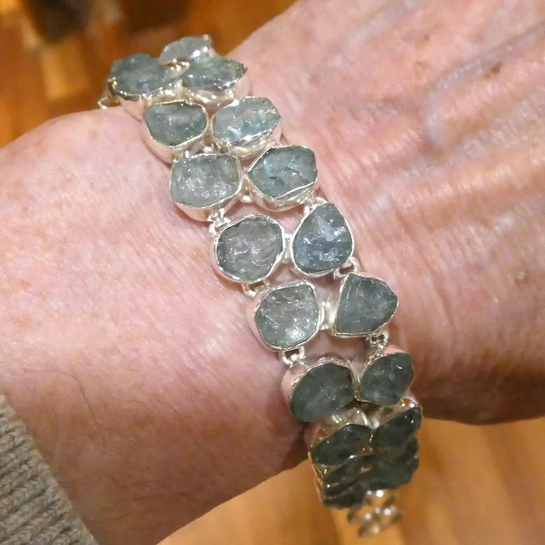Aquamarine Bracelet, Raw Nuggets, Double Line, 925 Silver