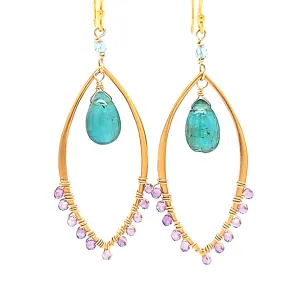 AVF Gold Beaded Amethyst, Grandidierite Drop & Apatite Accent Marquise Shaped Dangle Earrings (SI3767)