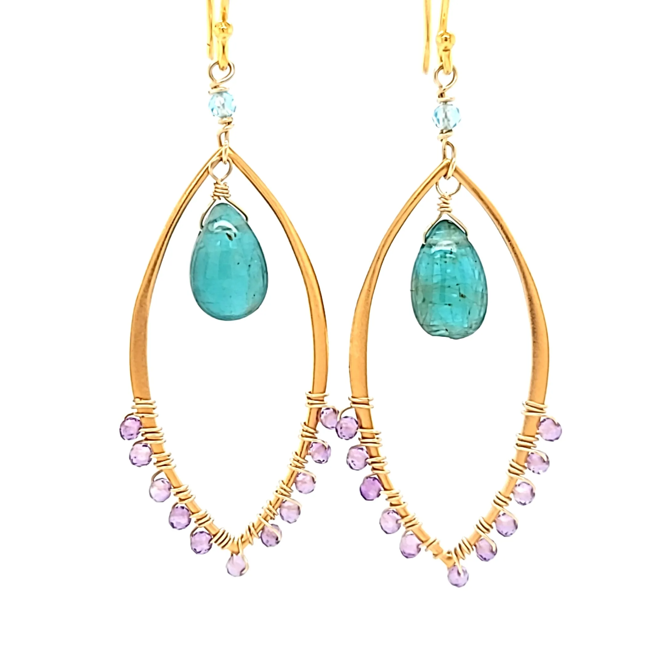 AVF Gold Beaded Amethyst, Grandidierite Drop & Apatite Accent Marquise Shaped Dangle Earrings (SI3767)