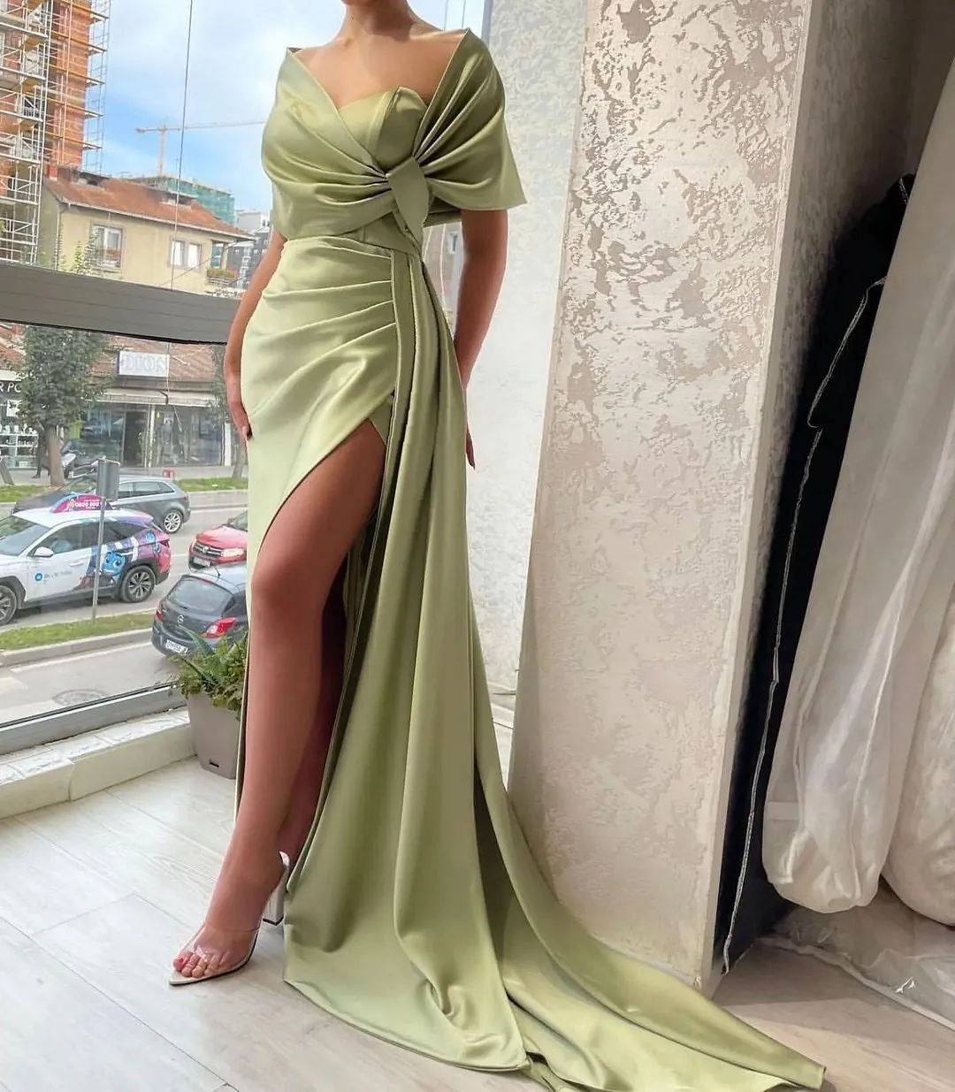 ballbellas Stain Split Stunning Sleeveless  Prom Dress with Cape