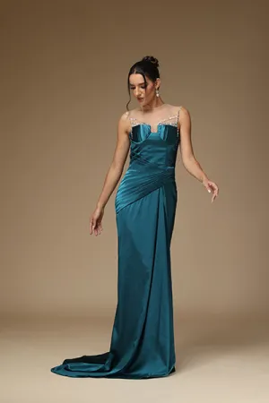 Ballbellas Stunning Satin Sleeveless Pleated Long Prom Dress