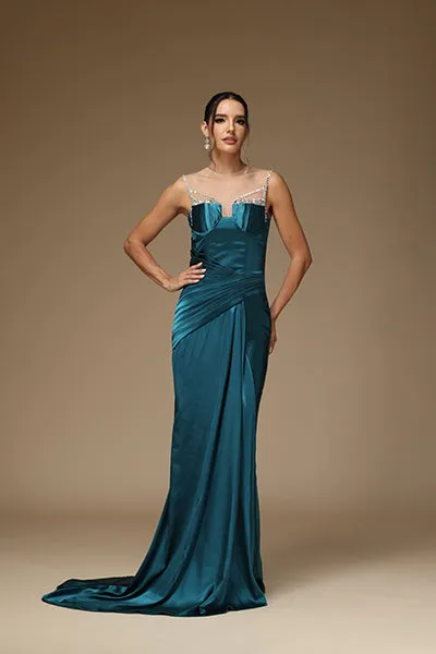 Ballbellas Stunning Satin Sleeveless Pleated Long Prom Dress