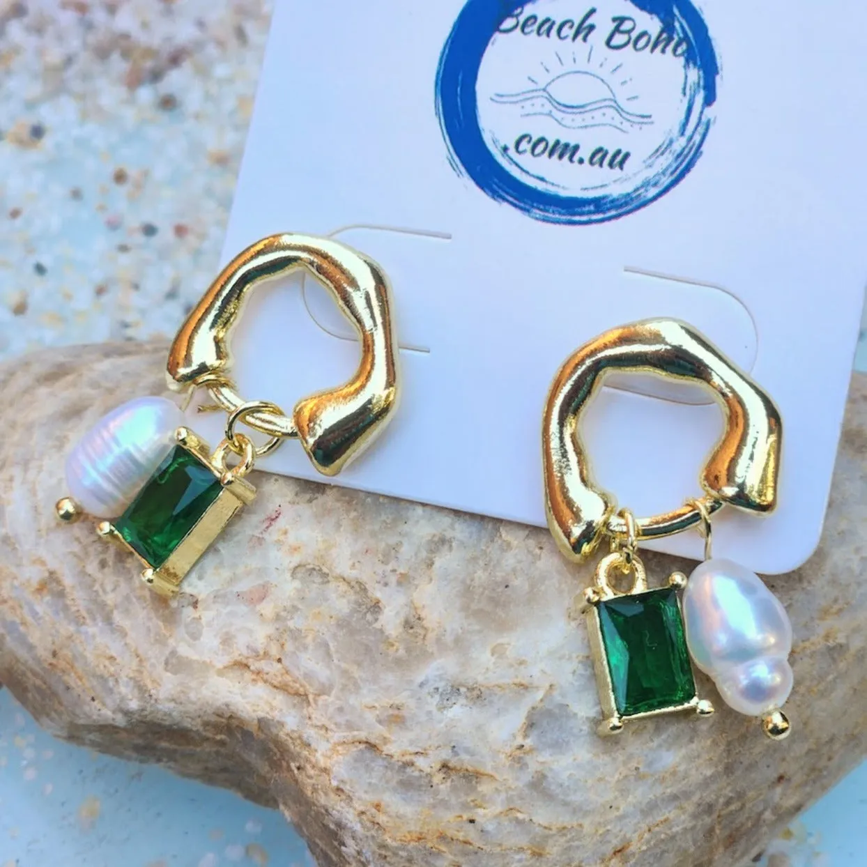 BAROQUE PEARL CUBIC ZIRCONIAN / EMERALD GOLD -  WATERPROOF EARRINGS