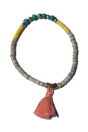Beaded Bracelet - Yellow, Turquoise, Grey, and Gold Detail with Coral Tassel