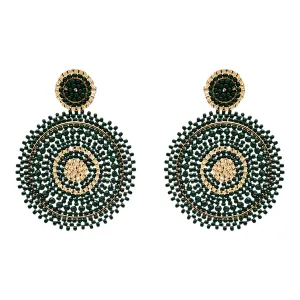 Beaded Circle Drop Earrings - Emerald & Gold