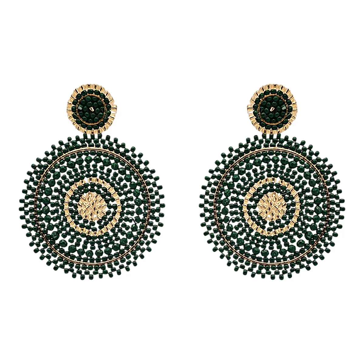 Beaded Circle Drop Earrings - Emerald & Gold