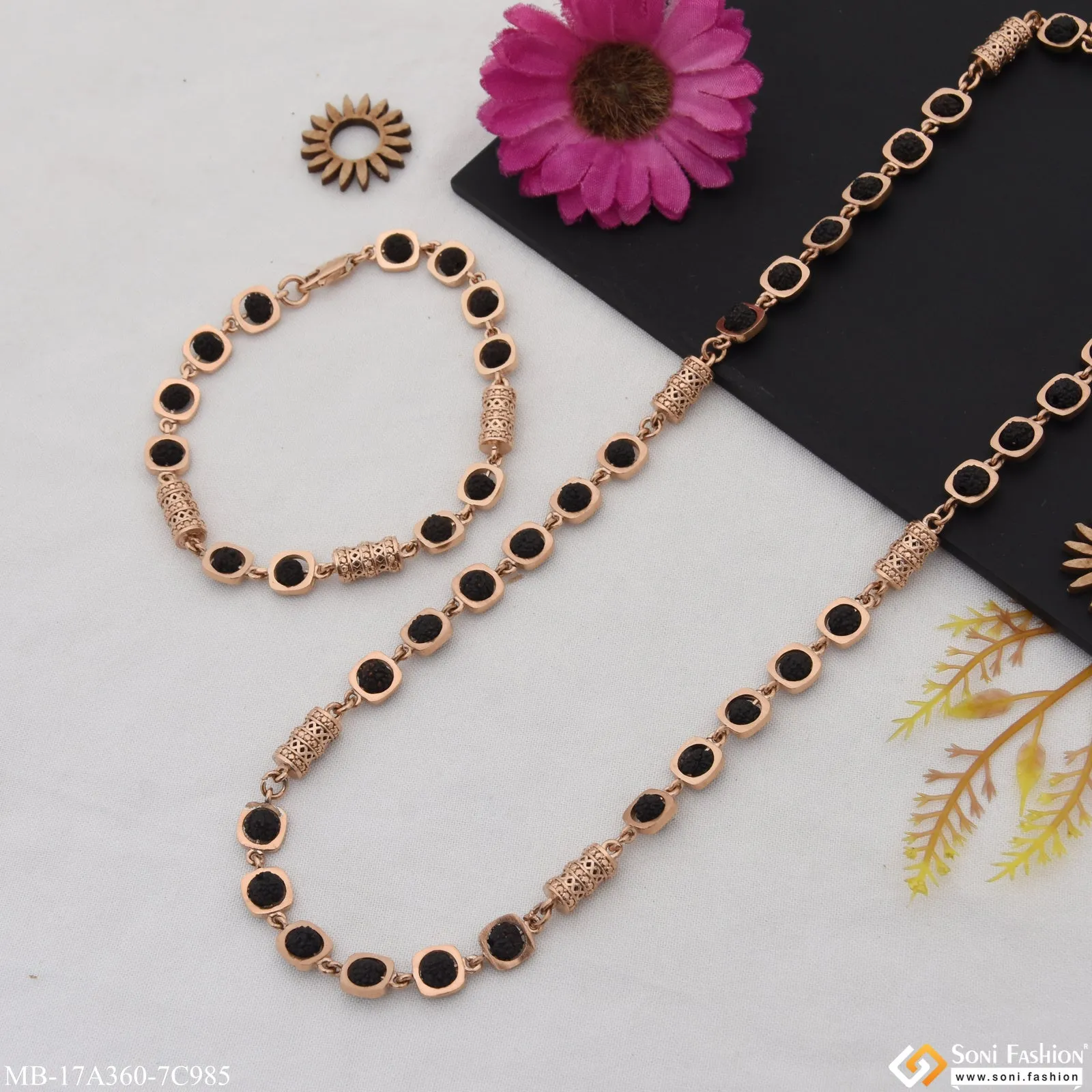 Best Quality Rose Gold Color Rudraksha Mala with Bracelet for Men (MB-A360-C985)