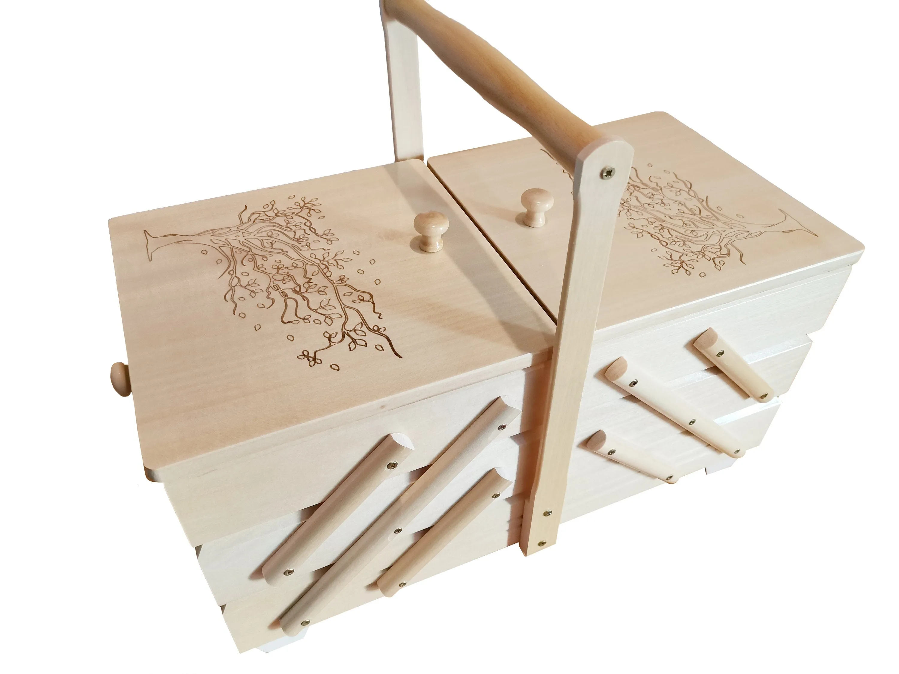 Big wooden sewing box, natural wood ornamental sewing box, jewellery casket, storage box with tree motive, sewing accordion box, woman gift