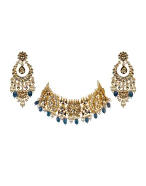 Blue Small Stone Choker With Earrings
