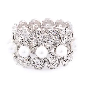 Bridal Wedding Jewelry Stunning Beautiful Crystal Pearl Stretch Bracelet Silver