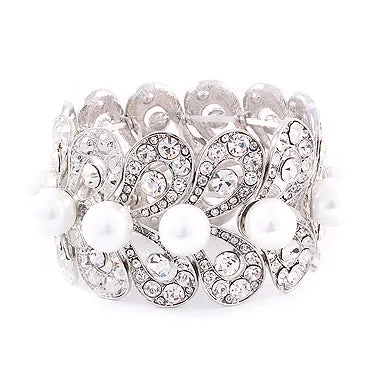 Bridal Wedding Jewelry Stunning Beautiful Crystal Pearl Stretch Bracelet Silver