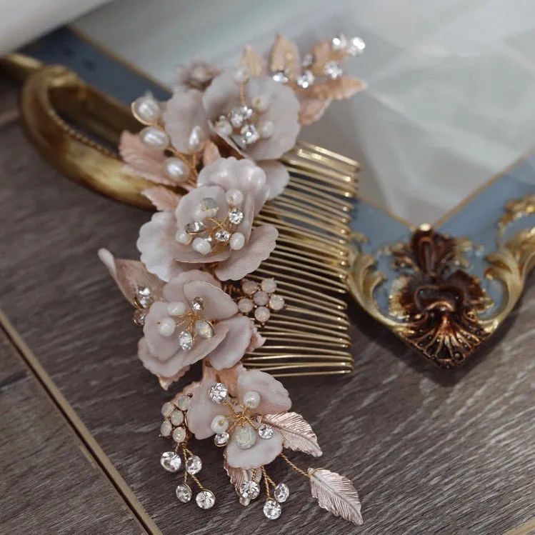 C108. blush pink flower hair comb, bridal hair comb