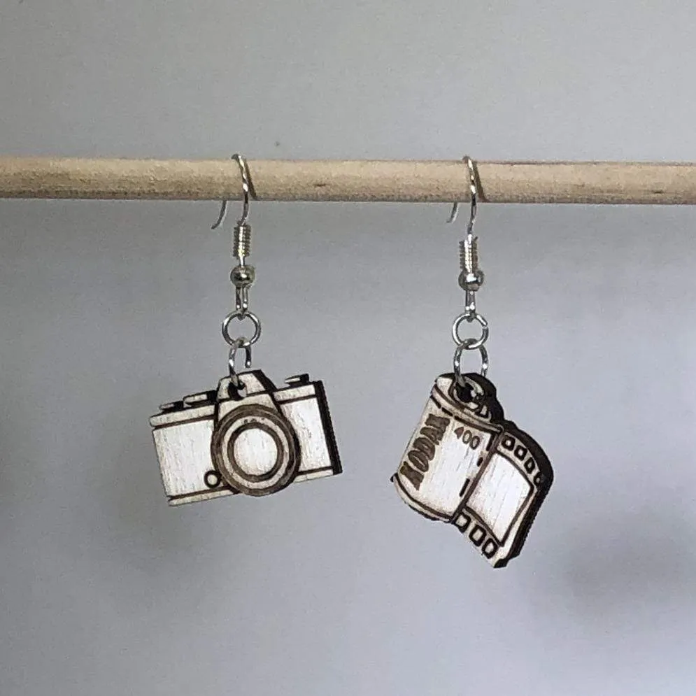 Camera and Film Canister Wooden Dangle Earrings by Cate's Concepts, LLC