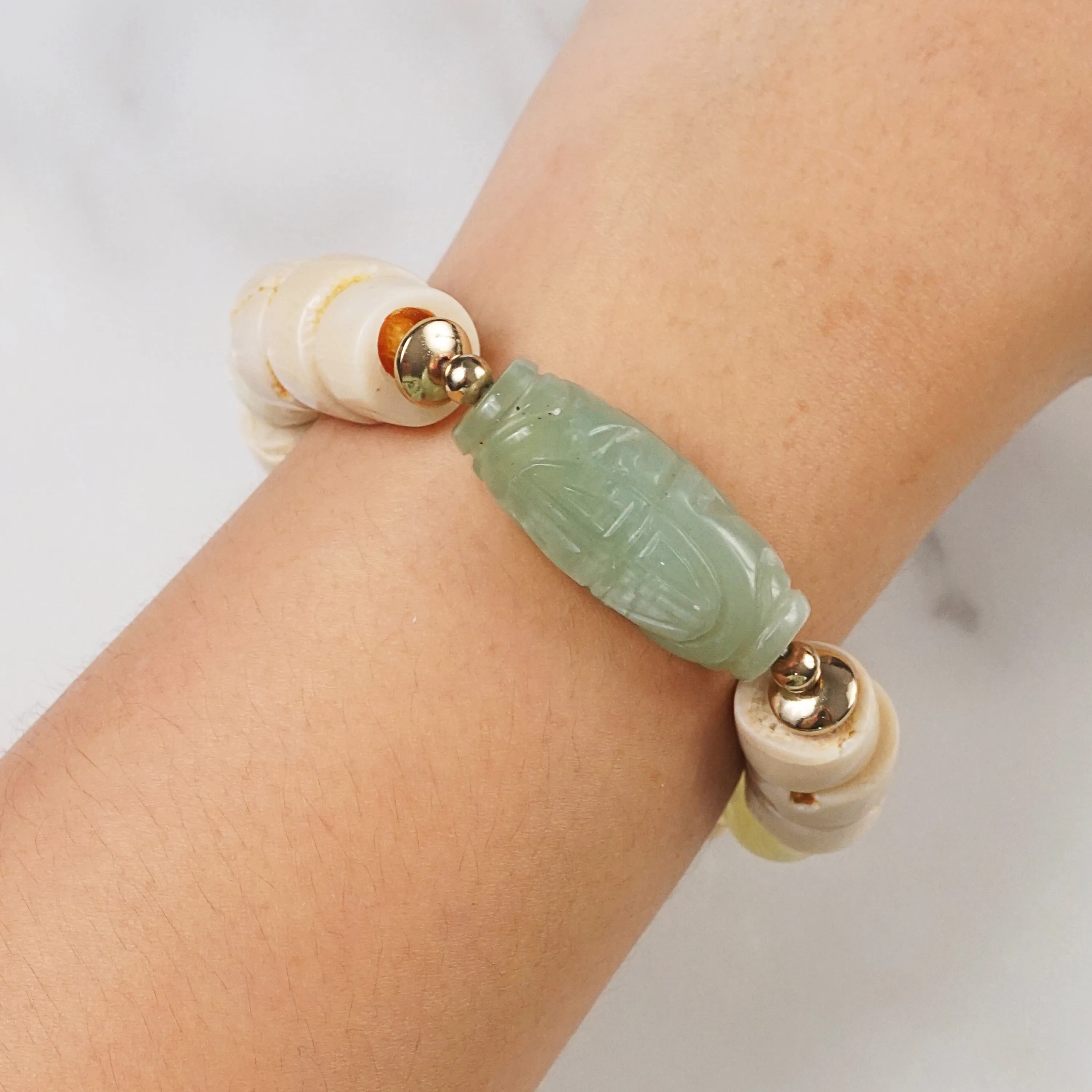 Carved Chinese Jade with Ivory Coral and Hematite