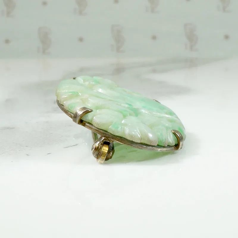 Carved Jade in Silver Floral Brooch