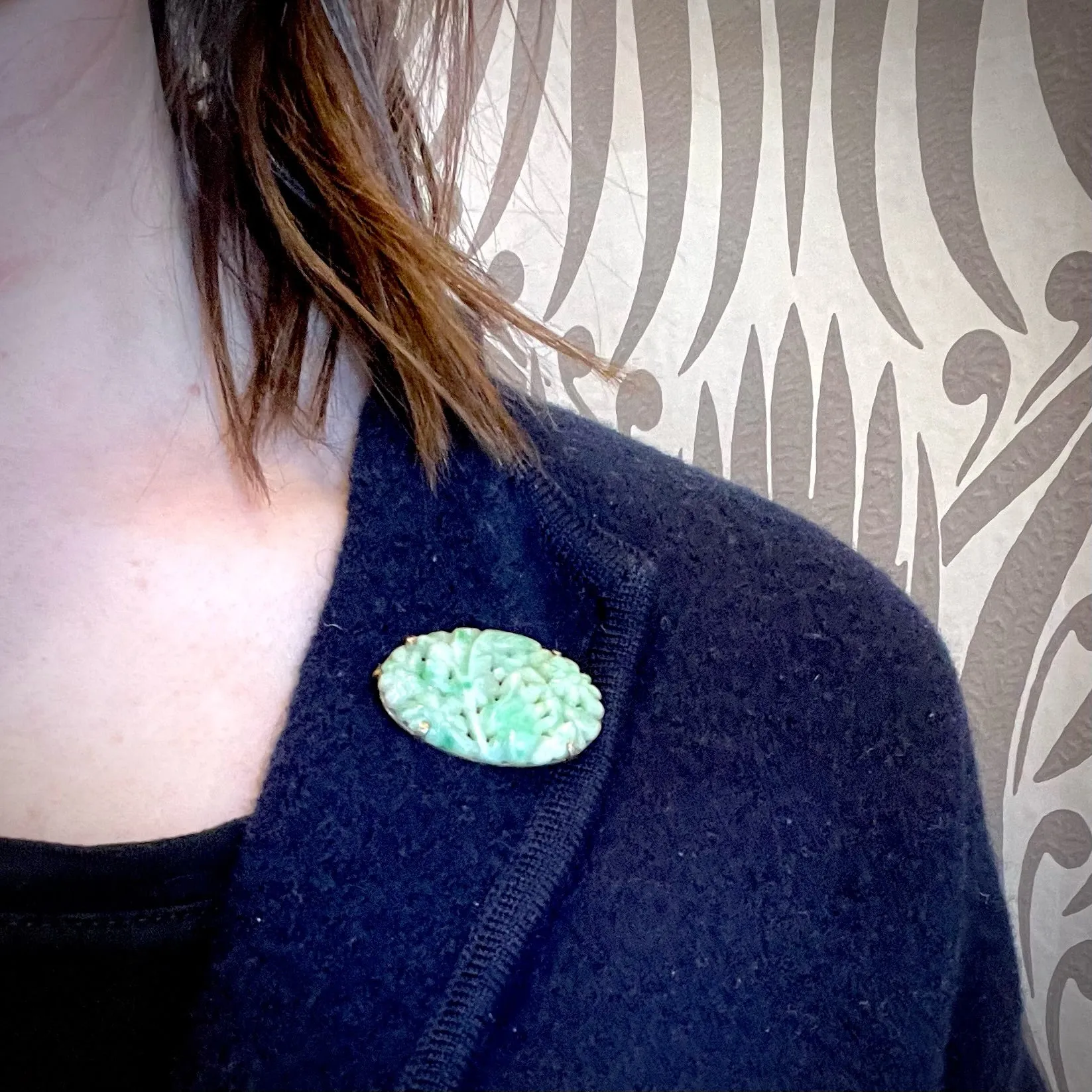 Carved Jade in Silver Floral Brooch