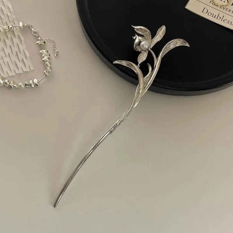 Chinoiserie Retro Bamboo Flower Butterfly Alloy Plating Inlay Rhinestones Pearl Hairpin