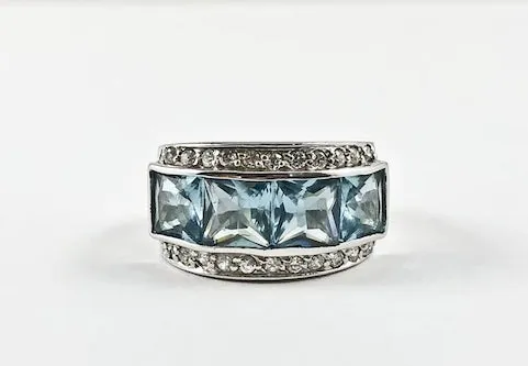 Classic Elegant 3 Row Aquamarine CZ Center Square Cut Silver Ring