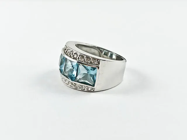 Classic Elegant 3 Row Aquamarine CZ Center Square Cut Silver Ring
