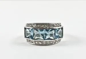 Classic Elegant 3 Row Aquamarine CZ Center Square Cut Silver Ring