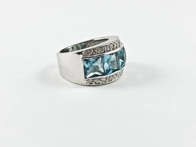 Classic Elegant 3 Row Aquamarine CZ Center Square Cut Silver Ring