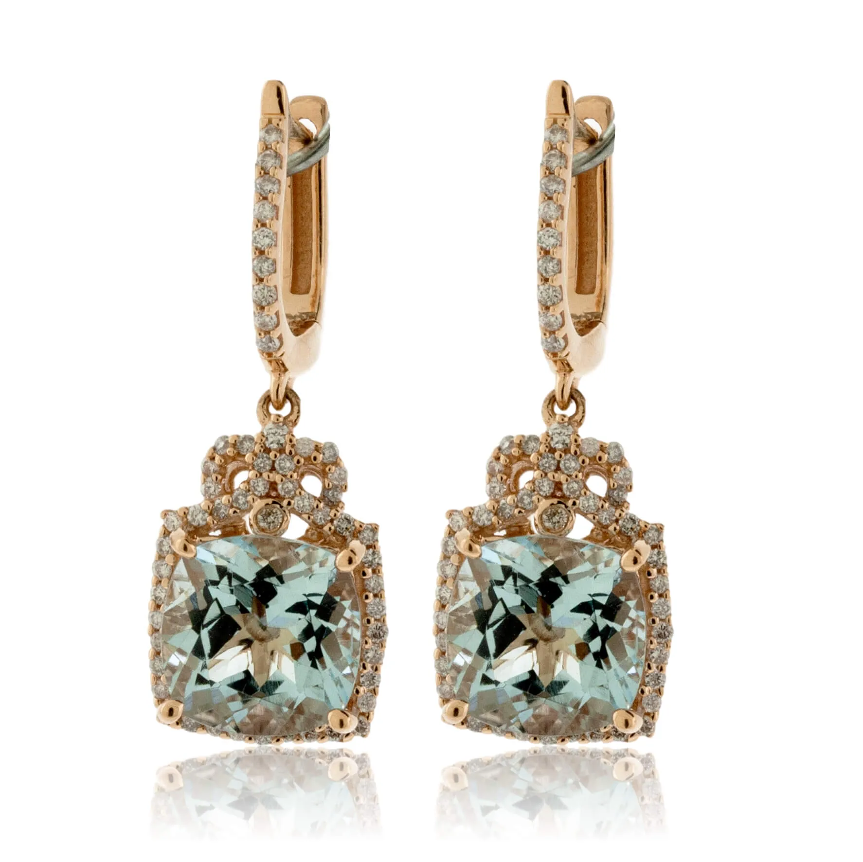 Cushion Shaped Aquamarine Drop Diamond Halo Earrings