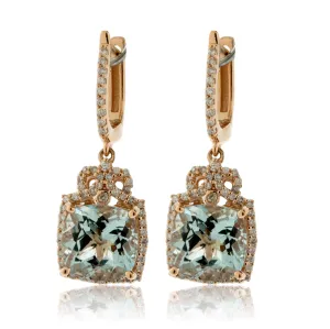 Cushion Shaped Aquamarine Drop Diamond Halo Earrings