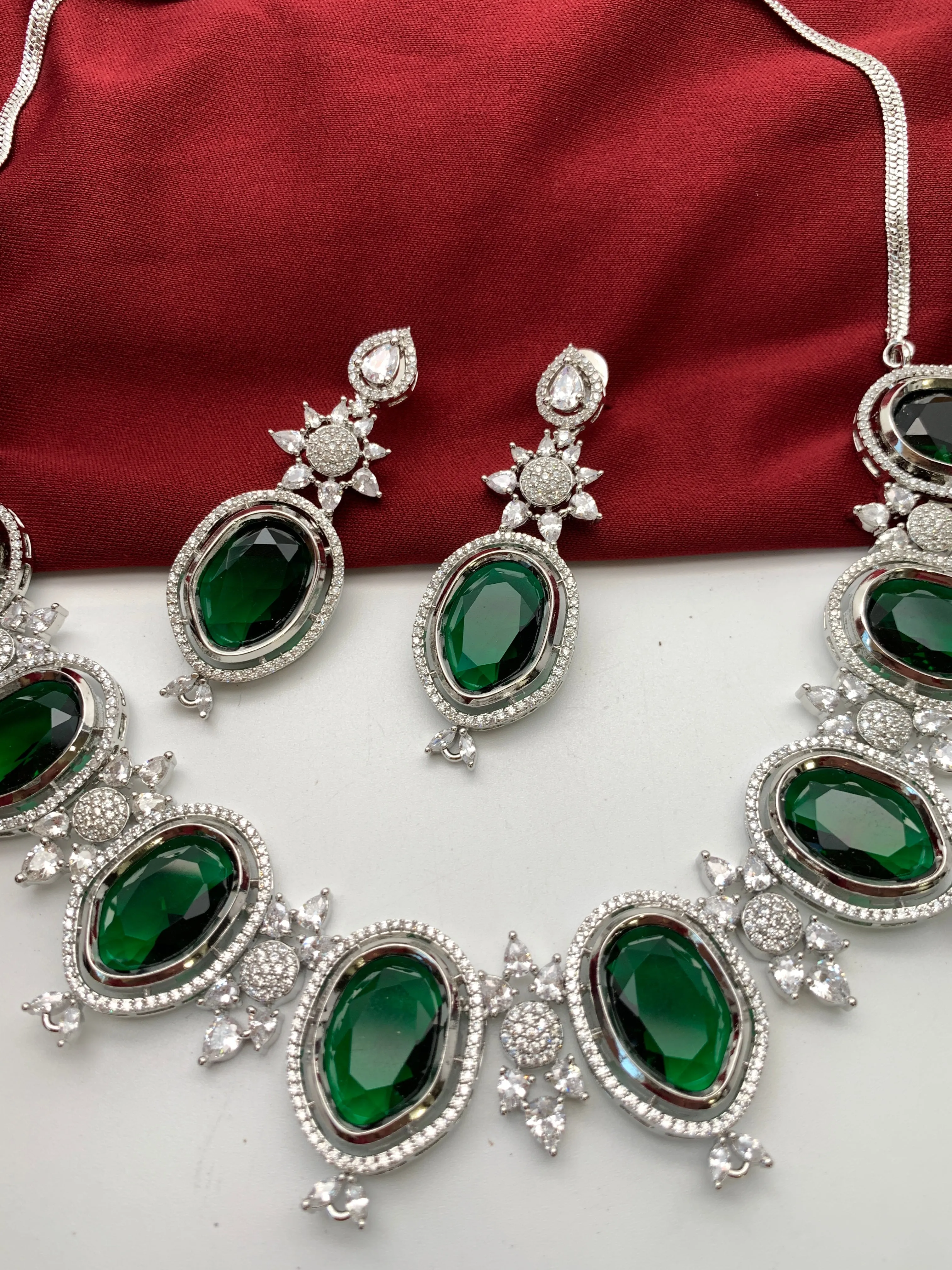 CZ Green Doublet Stone Silver Finish Short Neckalce