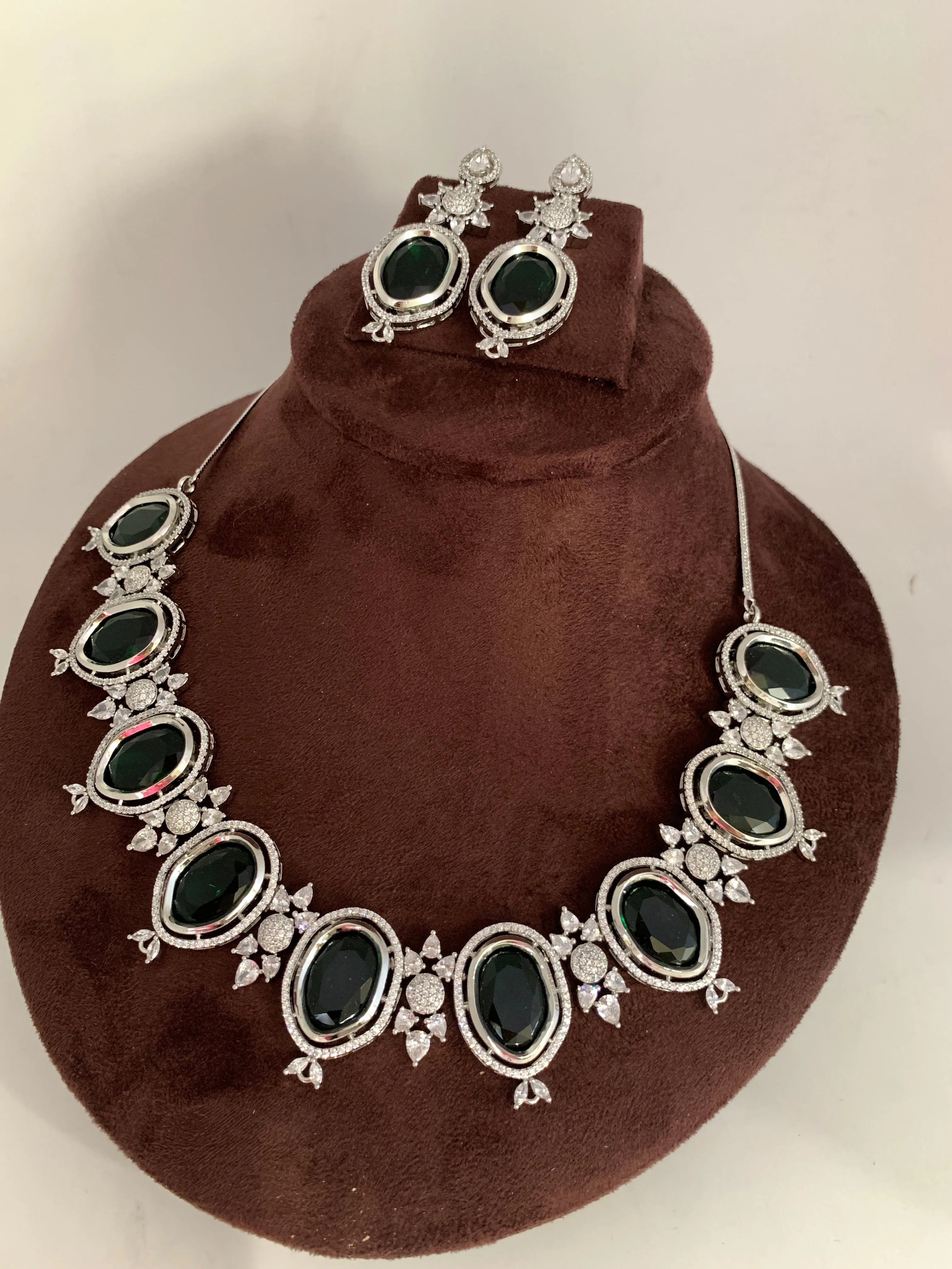 CZ Green Doublet Stone Silver Finish Short Neckalce