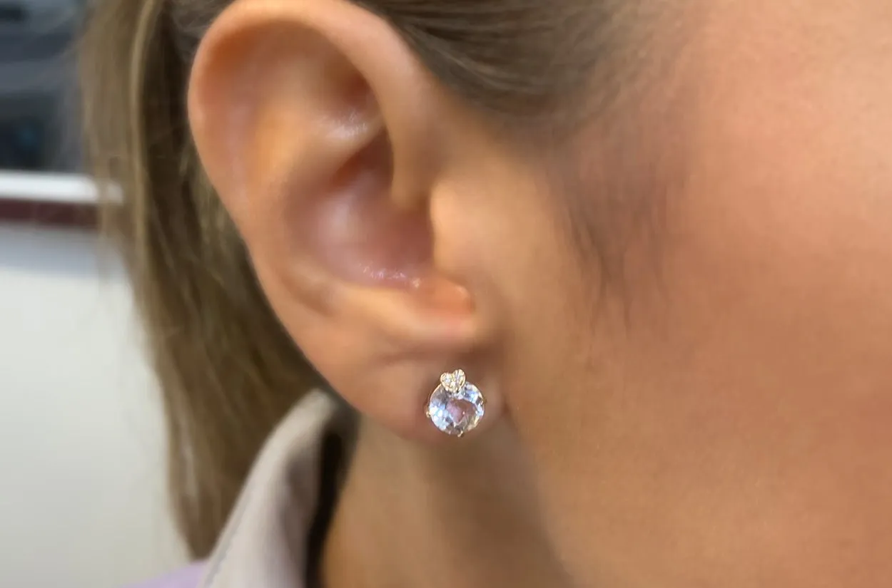 Earrings 14kt Gold Hearts Cushion White Topaz & Diamonds Studs