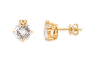 Earrings 14kt Gold Hearts Cushion White Topaz & Diamonds Studs