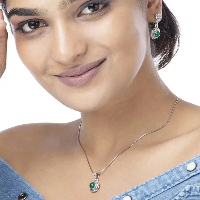 Emerald Blooms Silver Pendant Set