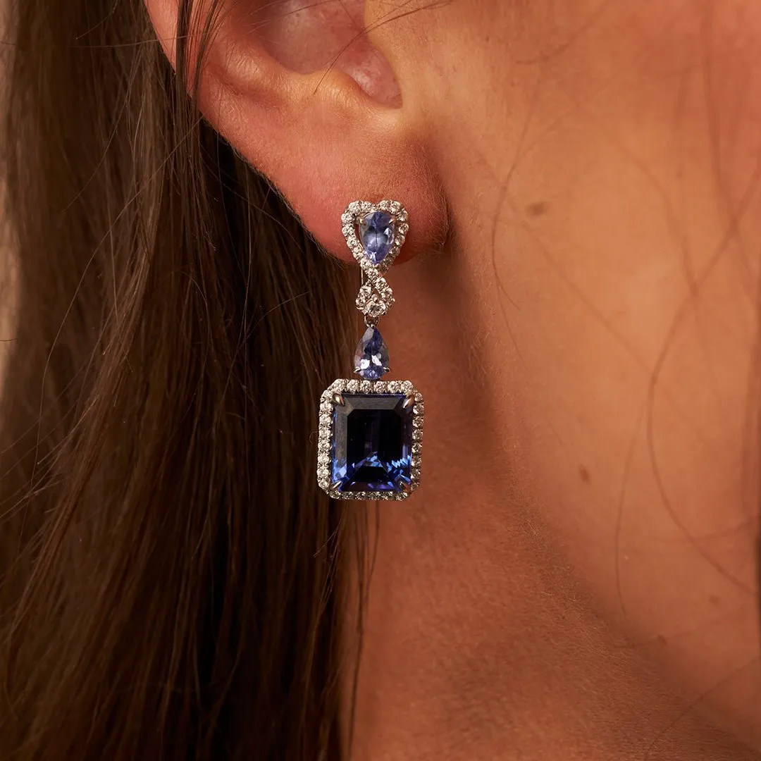 Emerald Cut Tanzanite, Tanzanite & Diamond Dangle Earrings