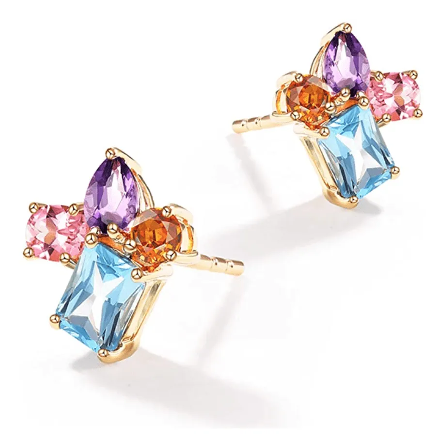 FANCIME 14K Yellow Gold Multicolored Gemstone Stud Earrings
