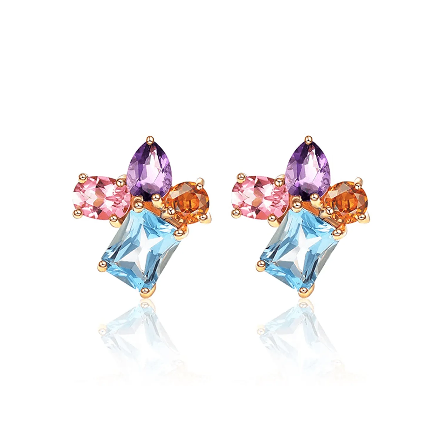 FANCIME 14K Yellow Gold Multicolored Gemstone Stud Earrings
