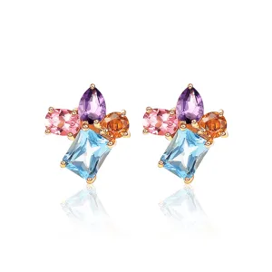 FANCIME 14K Yellow Gold Multicolored Gemstone Stud Earrings