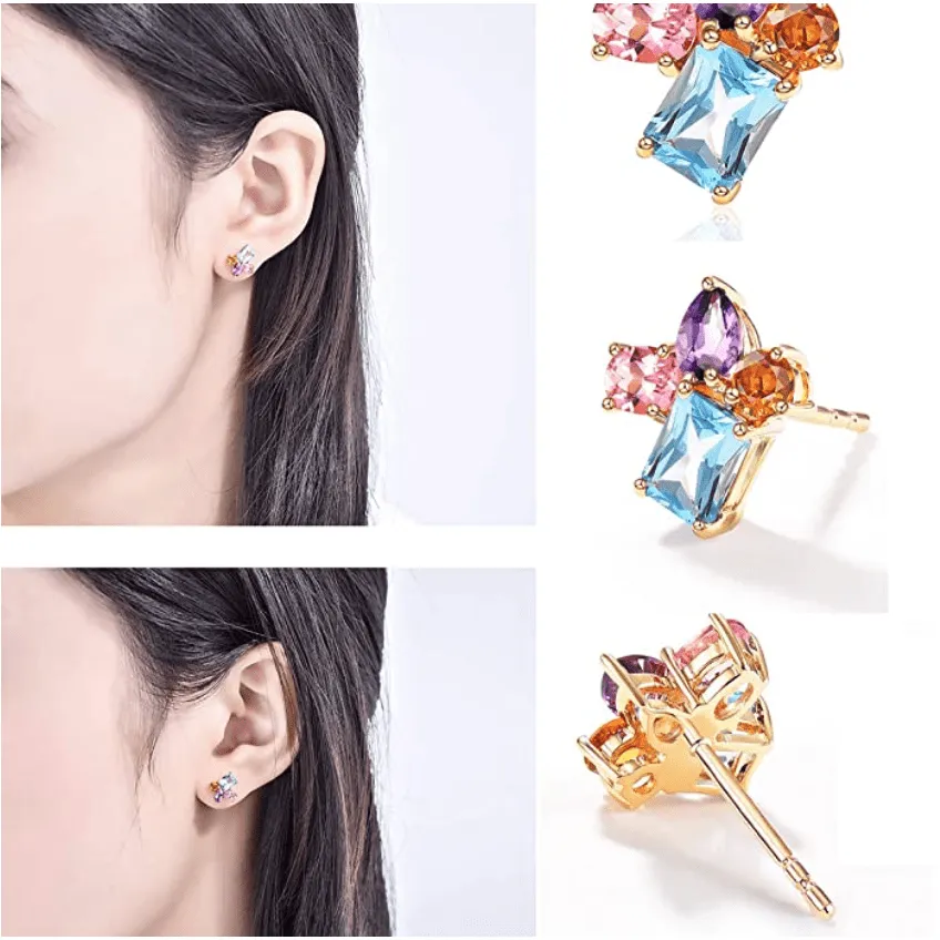 FANCIME 14K Yellow Gold Multicolored Gemstone Stud Earrings