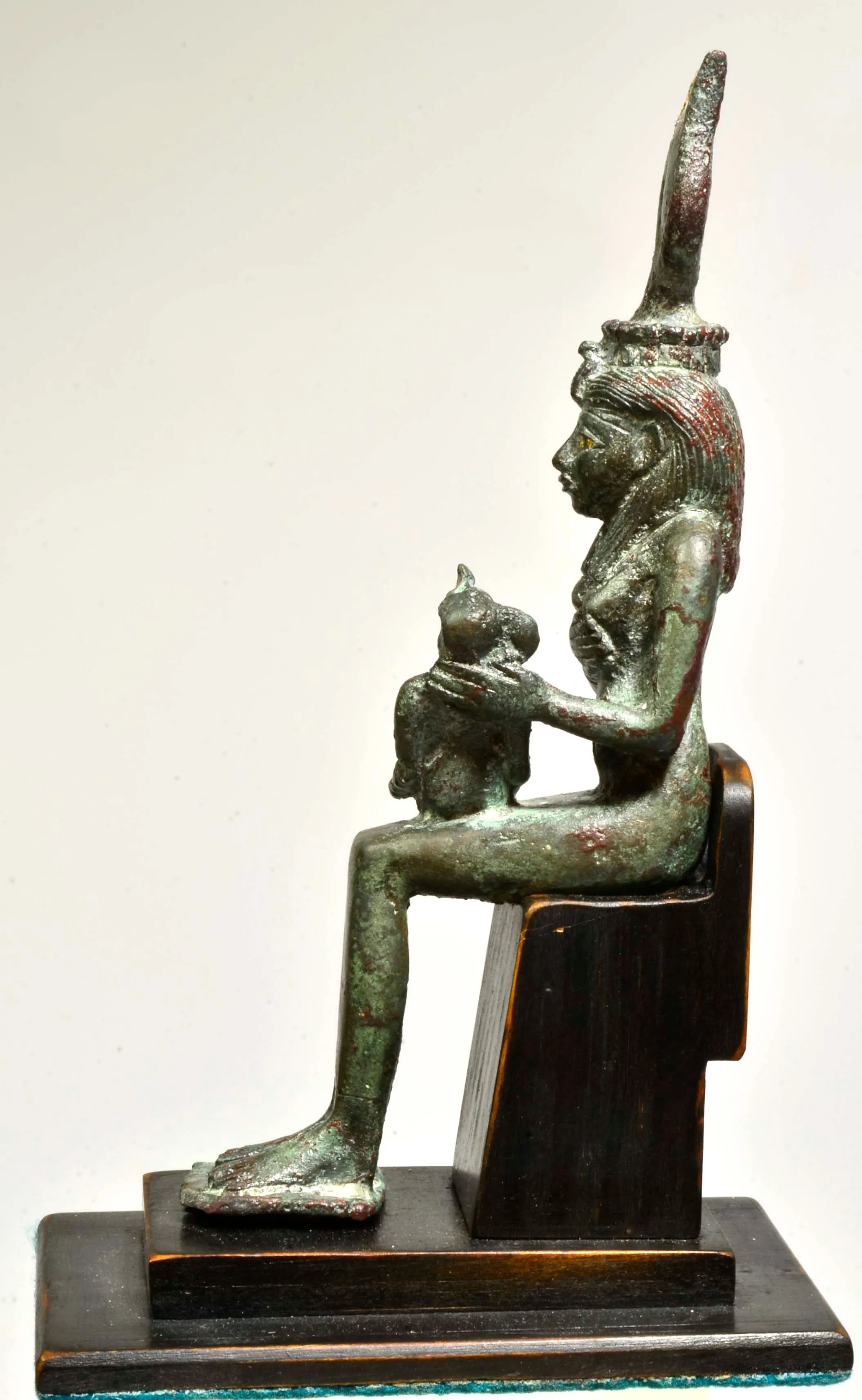 Fine Egyptian Bronze Goddess Isis Nursing Horus with inlaid Eyes