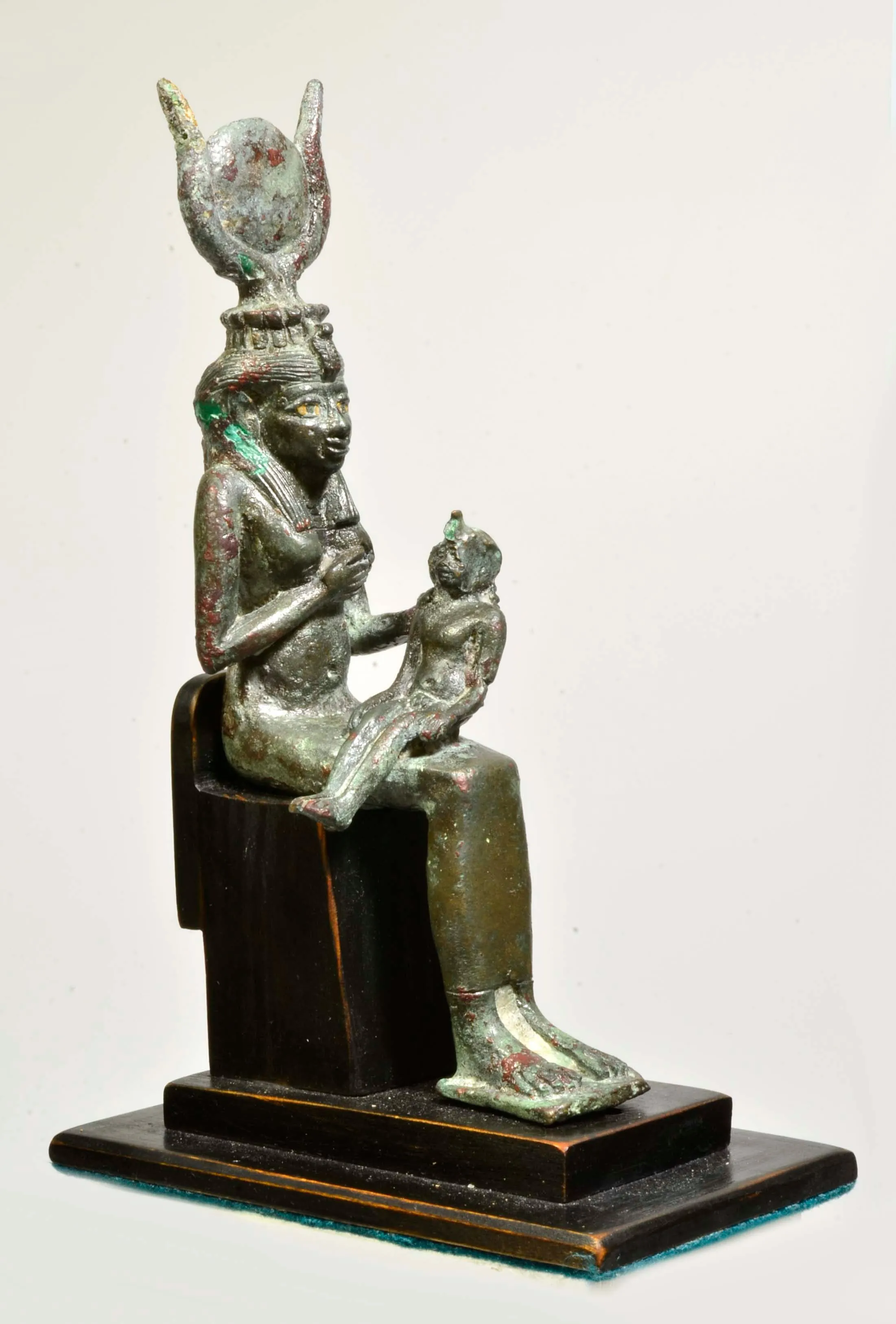 Fine Egyptian Bronze Goddess Isis Nursing Horus with inlaid Eyes