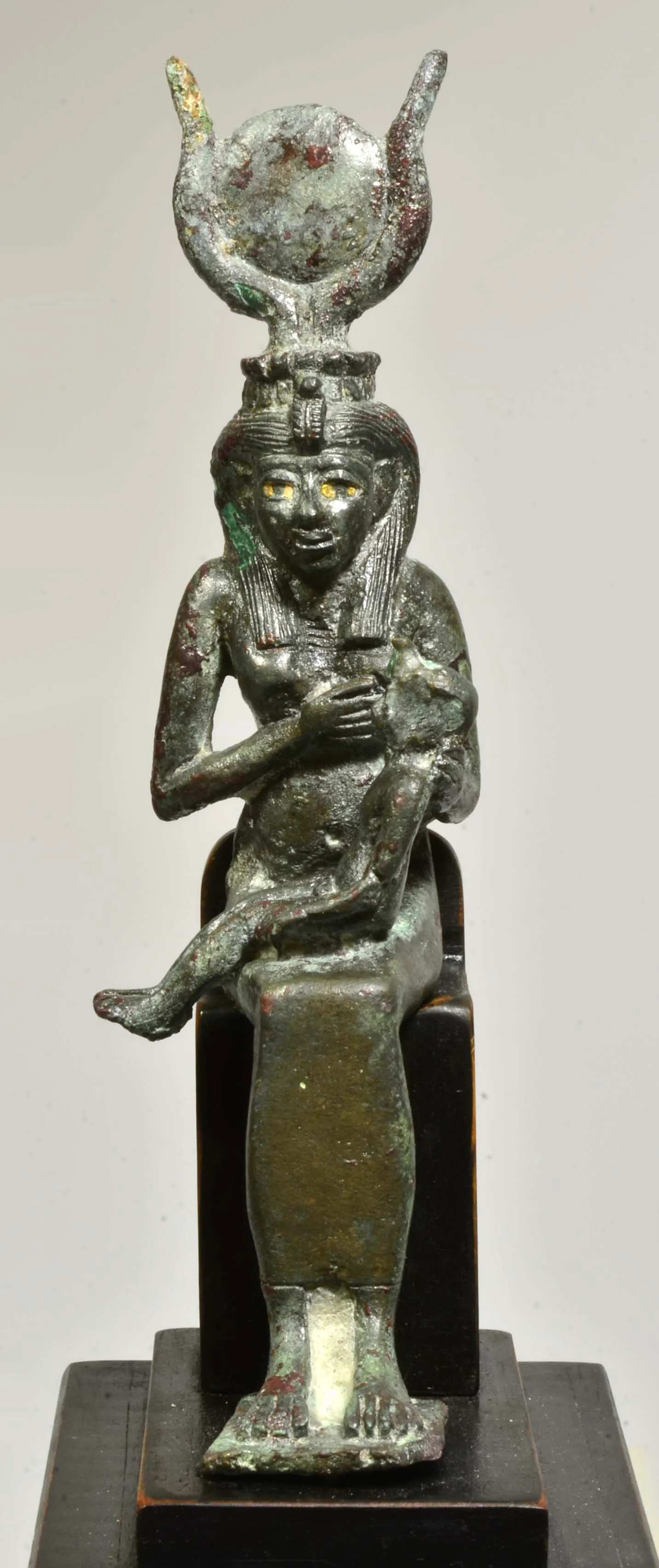 Fine Egyptian Bronze Goddess Isis Nursing Horus with inlaid Eyes