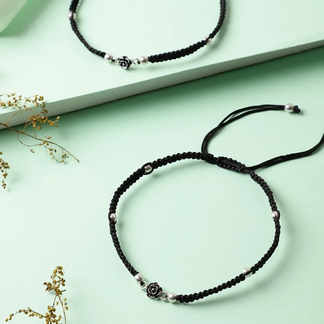 Floral Beads Rhodium Plated 925 Sterling Silver Thread Anklet