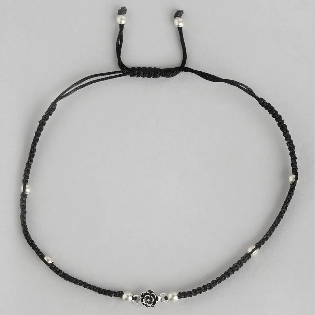 Floral Beads Rhodium Plated 925 Sterling Silver Thread Anklet