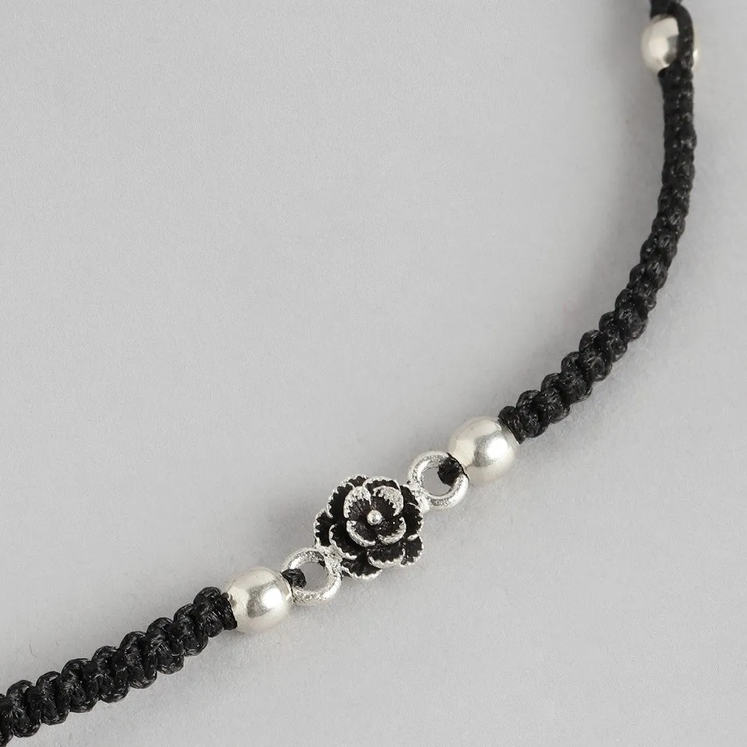 Floral Beads Rhodium Plated 925 Sterling Silver Thread Anklet
