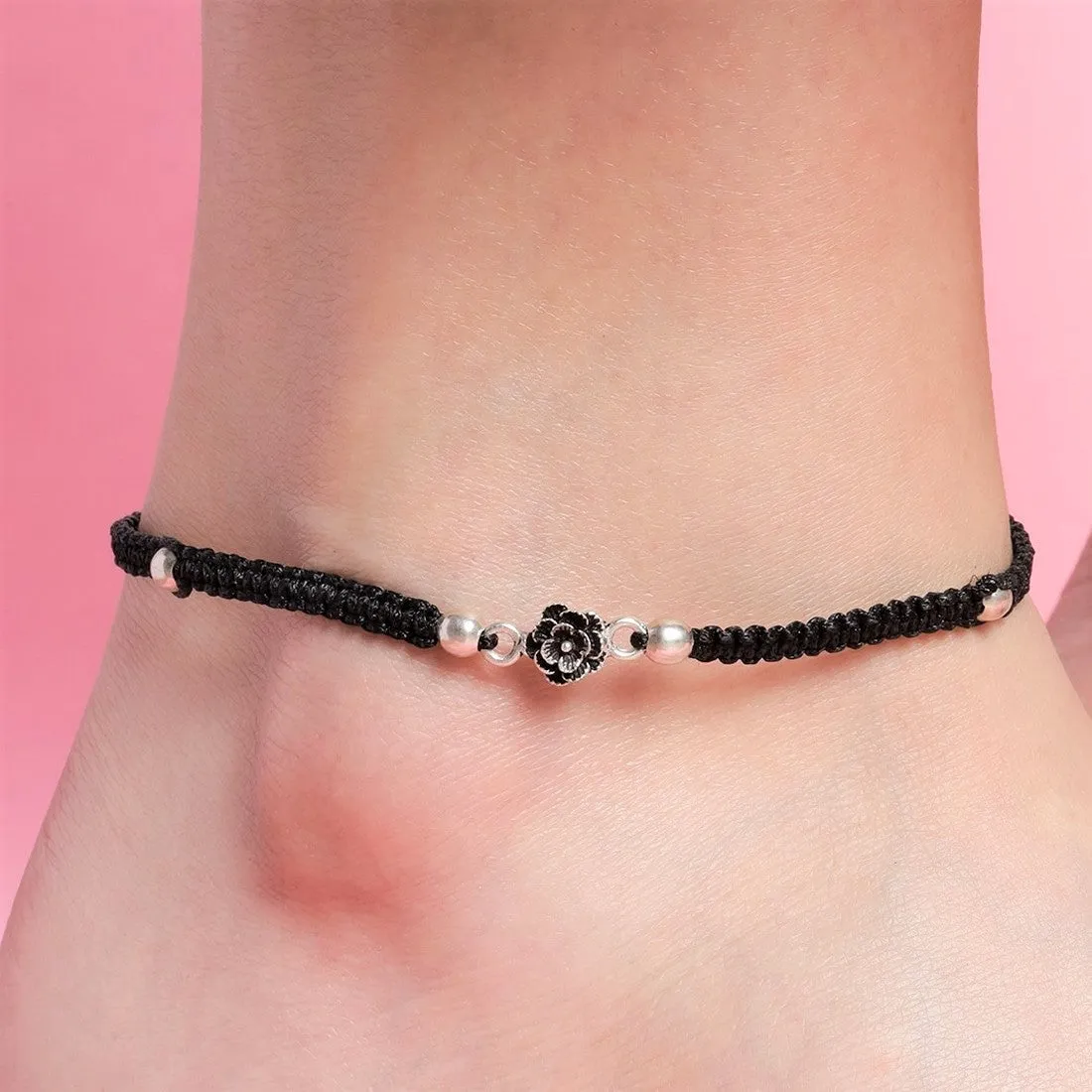 Floral Beads Rhodium Plated 925 Sterling Silver Thread Anklet